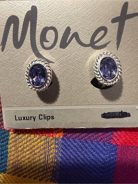 Vintage Monet Purple Crystal Clip Earrings